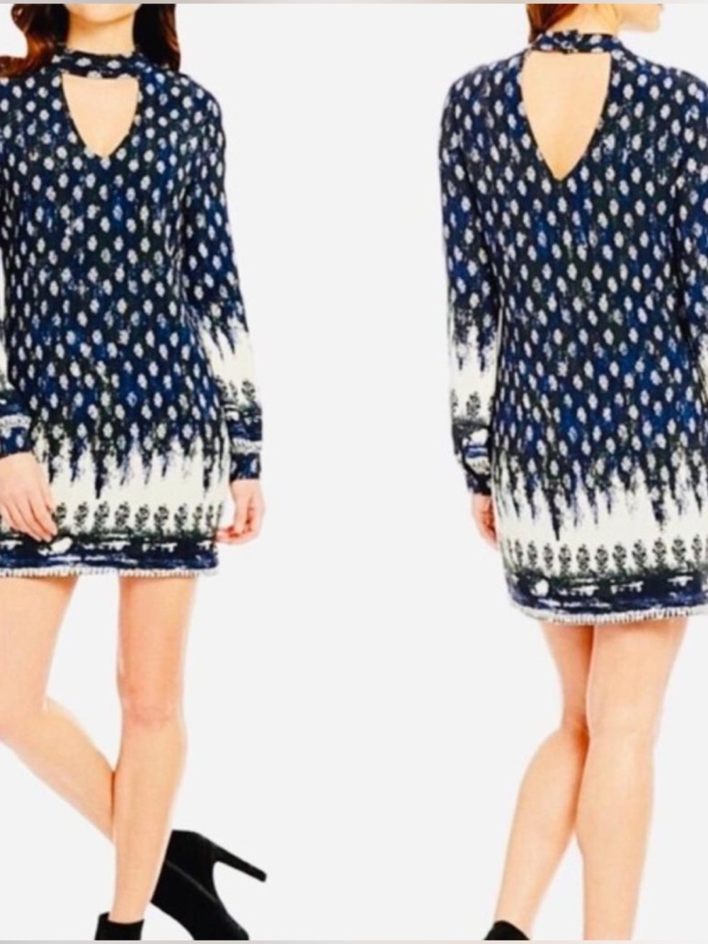 NWT WAYF Cutout Choker Long Sleeve Shift Dress Navy Patterned Keyhole for SPRING